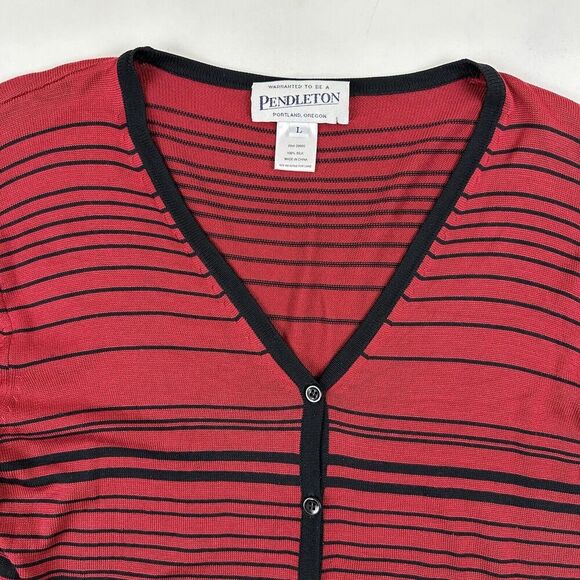 Pendleton Women’s Red Black Striped 100% Silk Cardigan Long Sleeve V-Neck Sz L - Picture 3 of 8